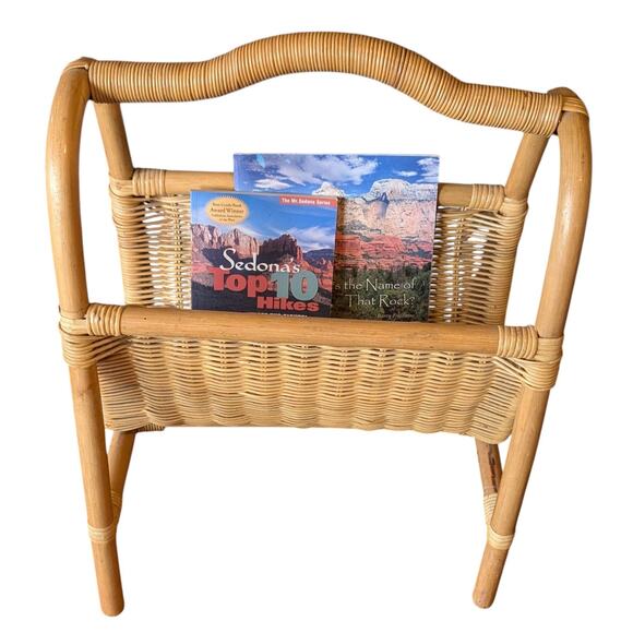Vintage Boho MCM Bamboo & Rattan Magazine Rack Natural Color - Picture 1 of 11